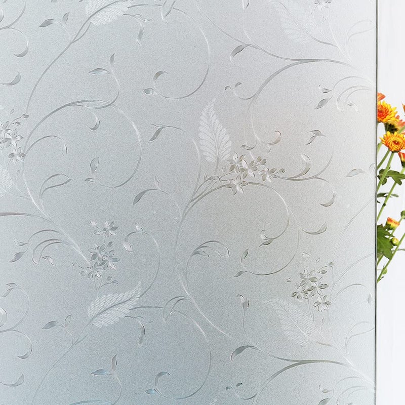 Mikomer Privacy Window Film Etched Flowers Static Cling Glass Door Film, Non Adhesive Heat Control Anti UV Window Cling for Office and Home Decoration,17.5 inches by 118 inches - Image 1